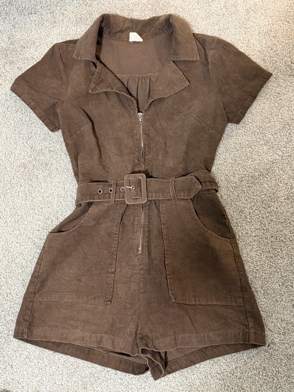 Blue buttercup Women's Brown Corduroy Short Romper with Belt medium